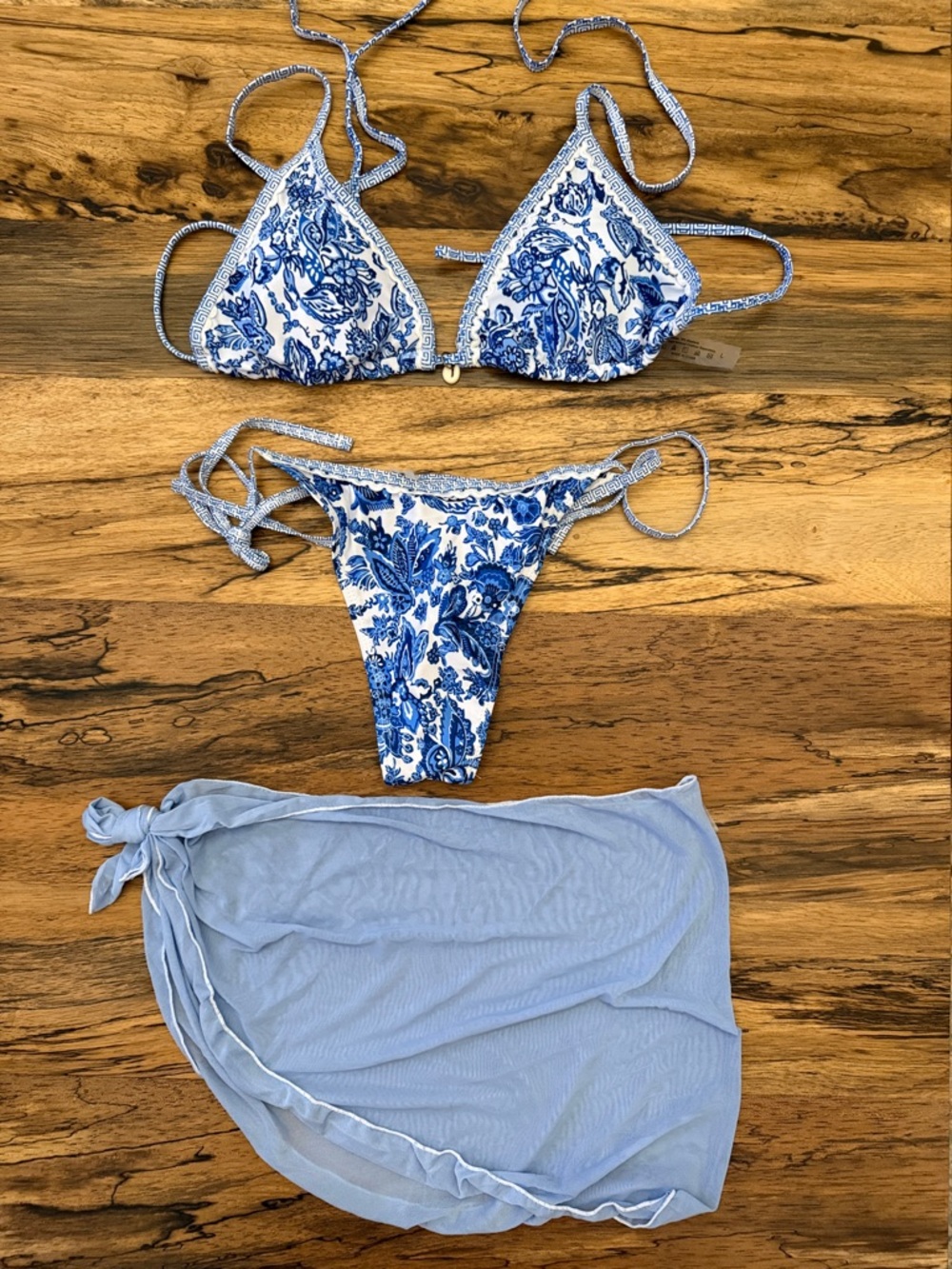 Blue & White Floral Triangle Bikini Set with Light Blue Sarong
